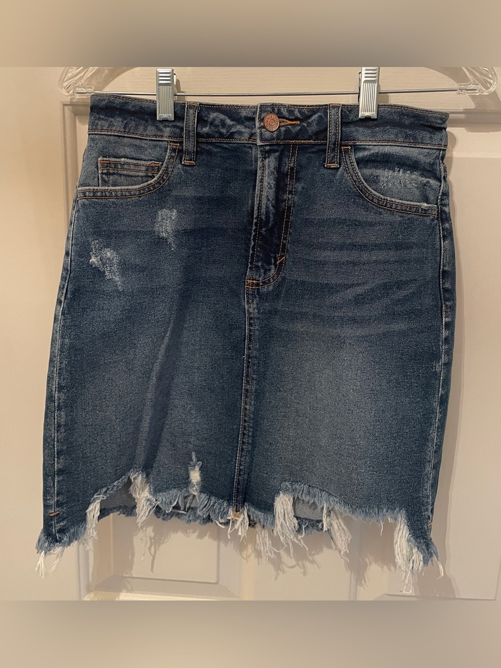 Cello Blue Distressed Denim Skirt with Frayed Hem